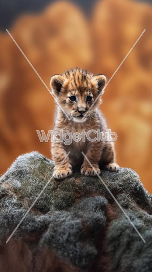 Lindo bebé cachorro de tigre sobre una roca de musgo suave
