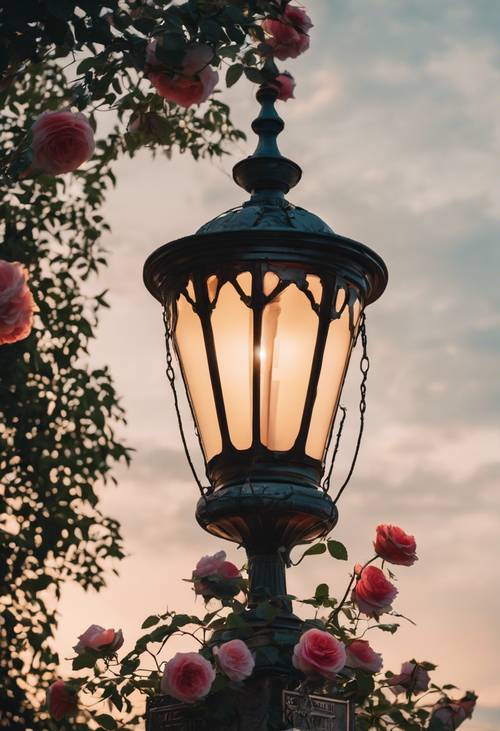 Un antiguo poste de luz rodeado de rosas trepadoras que brillan suavemente en el anochecer de principios de verano.