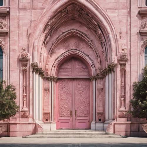 Gran entrada de una catedral con grandes puertas de mármol rosa.