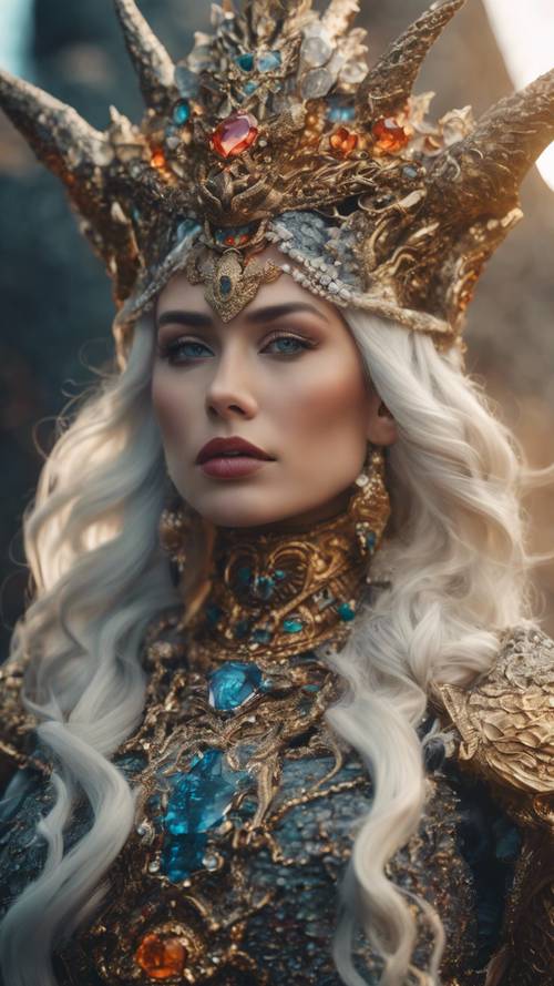 Seorang ratu naga yang agung, mahkotanya yang megah dihiasi dengan batu permata terbaik, memerintah dari singgasana laharnya.