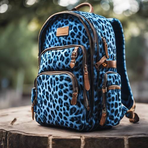 A secondary schooler's backpack with trendy blue cheetah print.