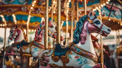 A collection of vintage carousel horses in a myriad of cheery, rainbow colors, slowly going round and round.