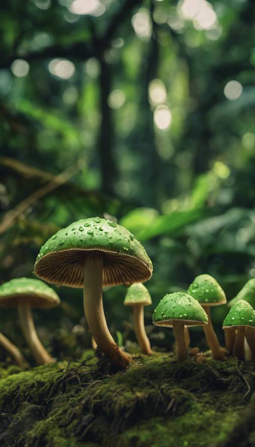 Ricos hongos verdes que prosperan en un ambiente de selva tropical.