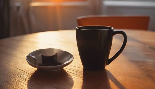 Yumuşak sabah ışığı altında turuncu bir masanın üzerinde siyah bir kahve kupası.