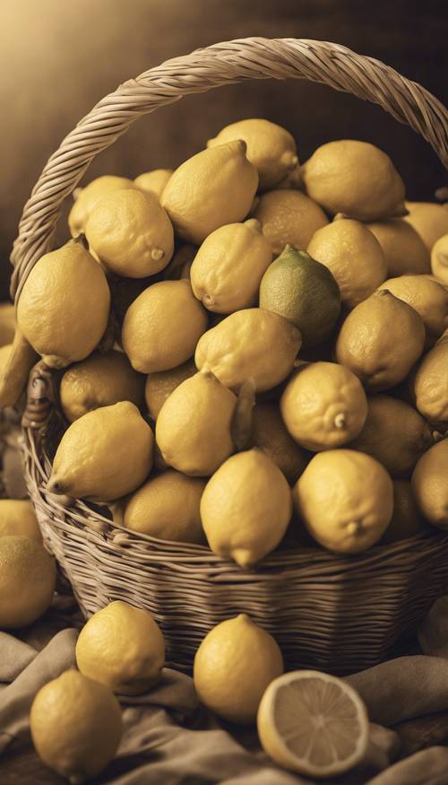 A sepia-toned vintage photograph of a basket full of ripe lemons.