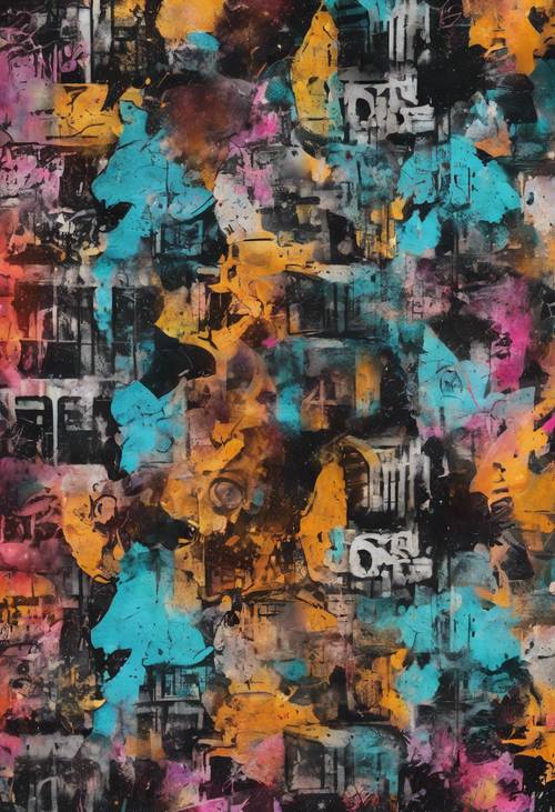 Seamless graffiti-style grunge pattern on a vibrant, edgy urban background. Tapeta [b3cfbebe96a24fbc8ad6]