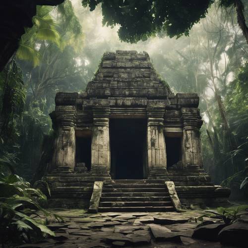 Reruntuhan kuil batu kuno yang sepi, diselimuti oleh hutan hujan tropis yang gelap.