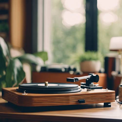 Artistic shot of a vintage turntable with a preppy cow print vinyl record.