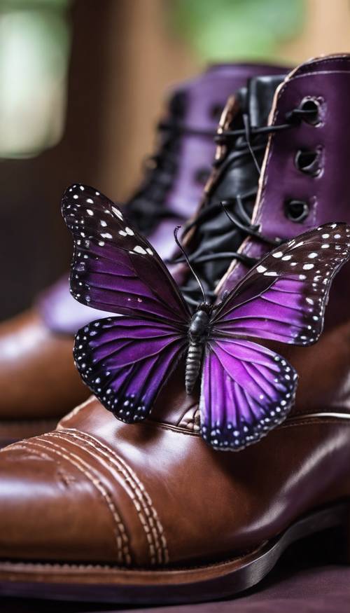 Fioletowy motyl siedzący na brązowym skórzanym bucie.