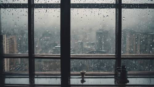 Uma cidade chuvosa vista através de uma janela embaçada de um edifício alto.