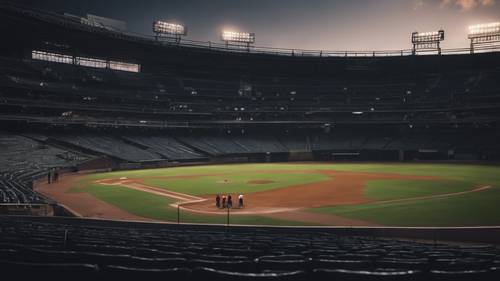 A dark, quiet baseball stadium at rest, with only the moonlight highlighting the seats and field.