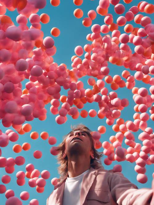 A person juggling bright pink and orange balls under a clear blue sky.