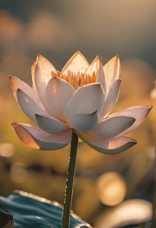 Güneş doğarken çiy yüklü, ten rengi bir lotus çiçeğinin yakından görünümü.