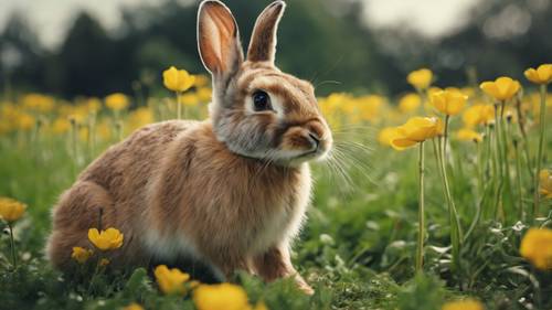An image of a rabbit eating a buttercup flower in a green field.