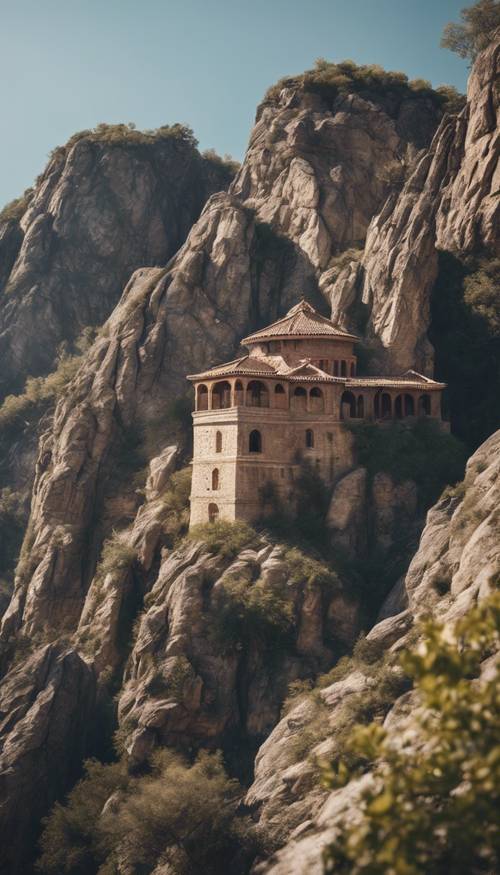 一座孤立的古老修道院的图像坐落在岩石山峰上。