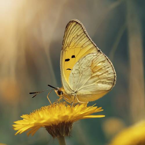 민들레에 있는 노란 나비의 클로즈업 샷입니다.