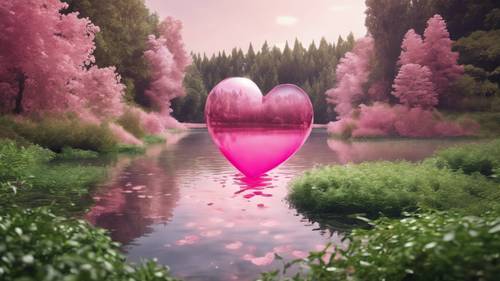 Розовое озеро в форме сердца, окруженное зеленью.