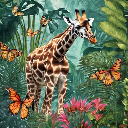 Botaniczna ilustracja żyrafy pośród egzotycznych roślin tropikalnych i pięknie kolorowych motyli.