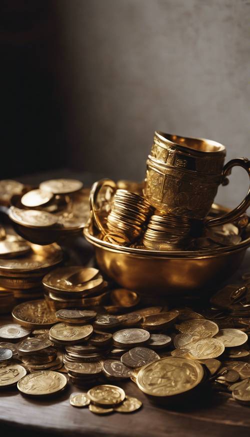 A collection of dark gold objects such as cups, keys, and coins arranged artistically". Шпалери [9058ffd86f1f4815a308]