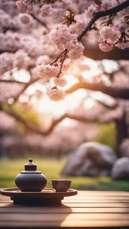 A traditional Japanese tea ceremony in a serene garden, with cherry blossom trees in full bloom at sunset.