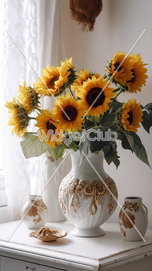 Helle und fröhliche Sonnenblumen in einer klassischen Vase