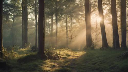 Un&#39;alba mattutina su una foresta silenziosa e immobile. Sovrapposta all&#39;immagine c&#39;è la citazione edificante &quot;La calma è la culla del potere&quot; in un carattere scorrevole.