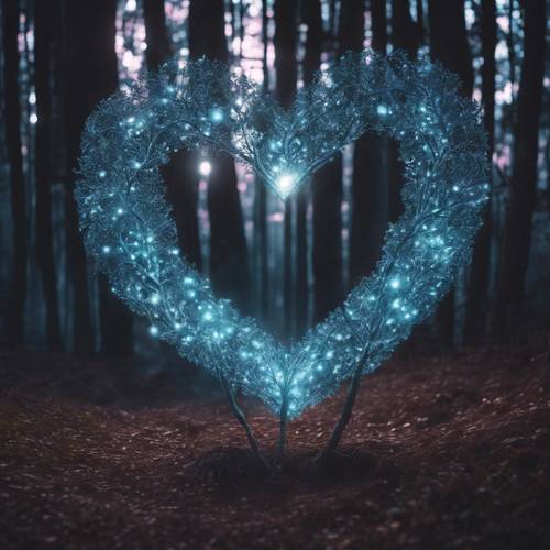 在一片浓密而神秘的森林中，一个幽灵般的心形光环在月光下闪闪发光。