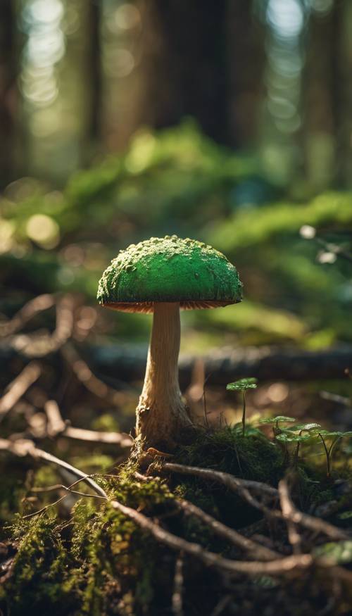 Um cogumelo verde crescendo em um tronco em decomposição em uma clareira iluminada pelo sol.