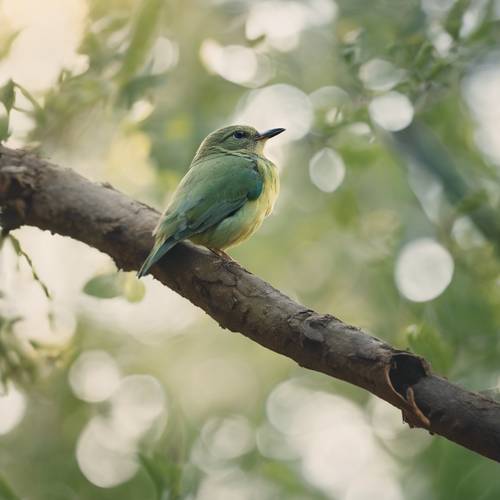 A sage green bird perched on a tree branch, singing a morning tune.