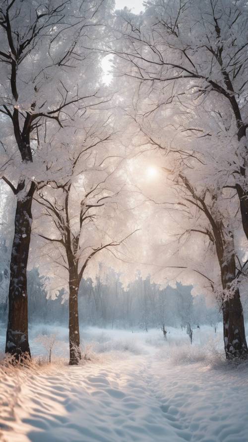 Uma paisagem serena de inverno ao amanhecer com neve branca cobrindo as árvores e o solo.
