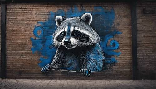Graffiti of a cheeky blue raccoon poised to steal something, inked on a dark alley wall. Tapeta [224c761658084b1fa13a]
