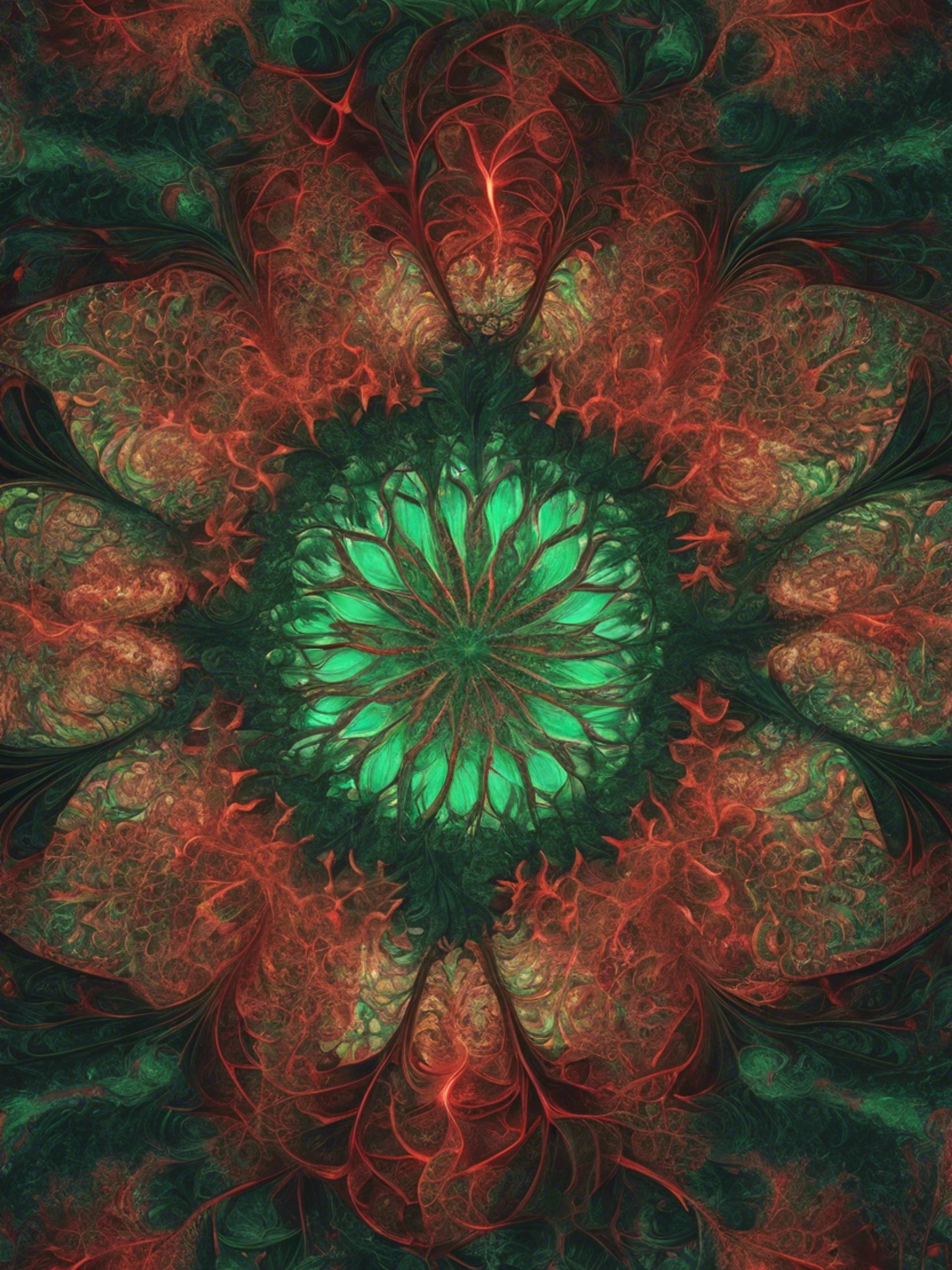 Intricate fractal patterns composed of alternating red and green hues Валлпапер[0376ed7744fd4b80a9ab]