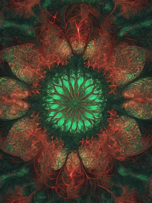 Intricati motivi frattali composti da tonalità rosse e verdi alternate
