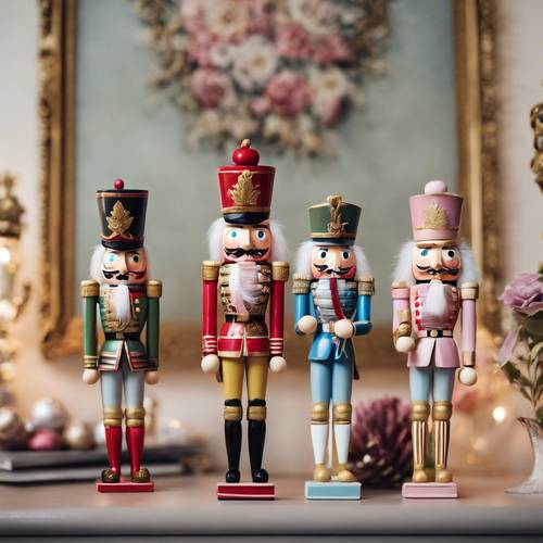 Nutcracker statuettes painted in pastel tones standing on a mantelpiece. Tapetai [2272fbb892904e2592dd]