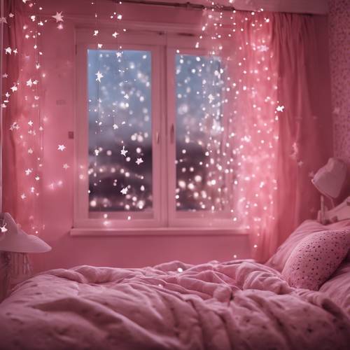 Kamar tidur anak berwarna merah muda dipenuhi bintang perak yang bersinar dalam gelap.