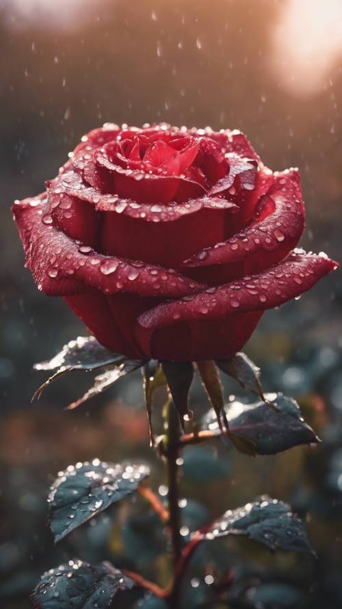 Rote gotische Rose mit Tautropfen am frühen Morgen
