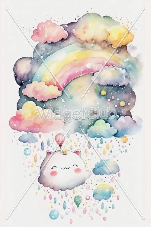 다채로운 구름과 풍선을 들고 있는 귀여운 고양이