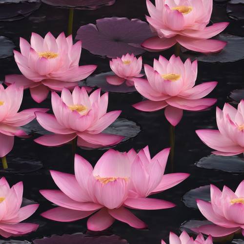 Exóticas flores de loto rosa flotando sobre aguas tranquilas y oscuras, sus pétalos forman un patrón exquisito.
