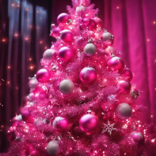 ต้นคริสต์มาสสีชมพูร้อนที่ตกแต่งอย่างแปลกประหลาด พร้อมด้วยลูกบอลที่แวววาว แสงไฟระยิบระยับ และดาวที่ส่องแสงอยู่ด้านบน