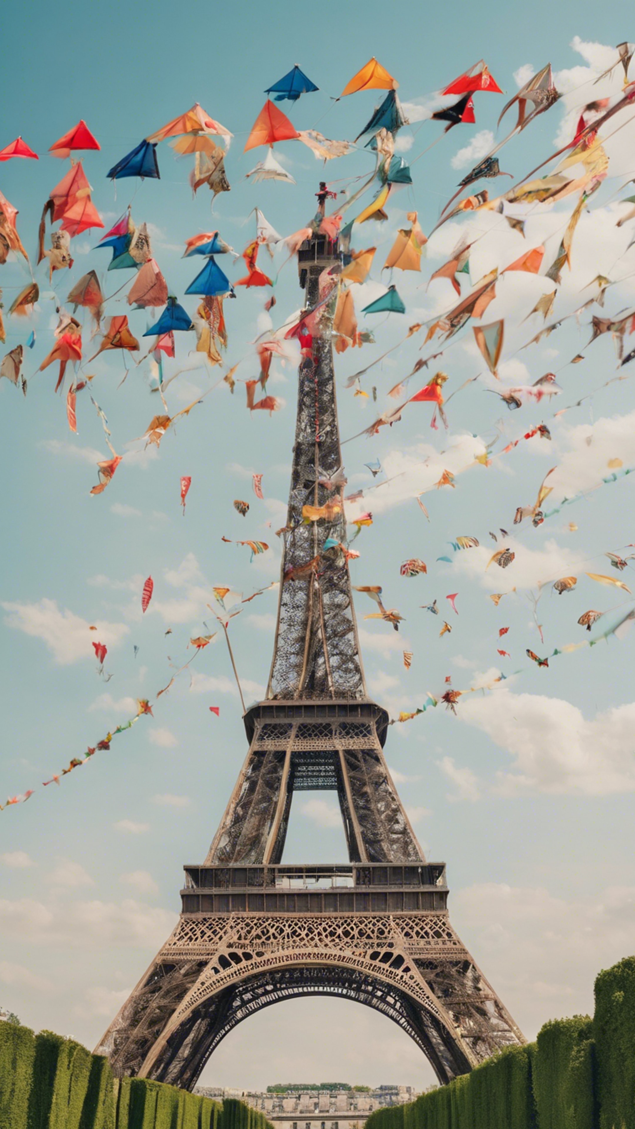 Numerous colorful kites flying around the Eiffel Tower on a breezy summer day. Sfondo[13c5a5af918a46f7995e]