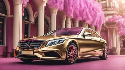 Wysokiej klasy luksusowy pojazd w kolorze metalicznego złota z różowym skórzanym wnętrzem.