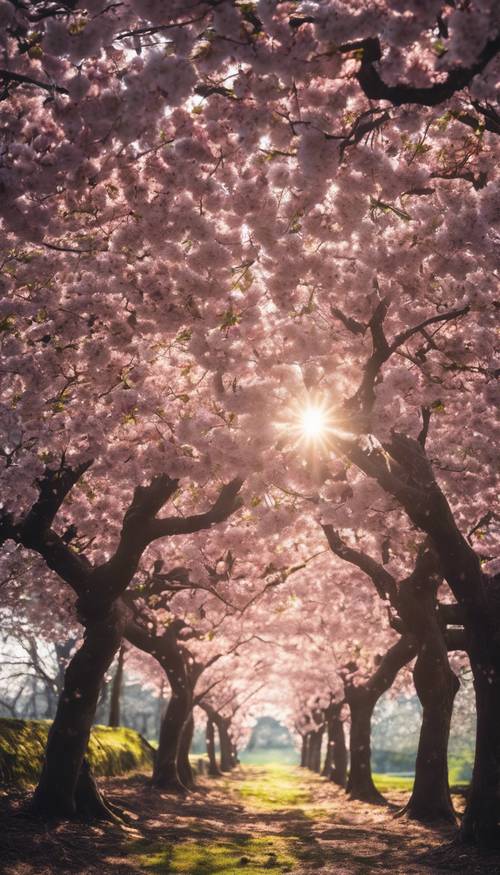 A ray of sunlight piercing through a canopy of dark cherry blossom trees.
