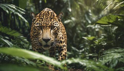 An artistic depiction of a tan jaguar skillfully stalking its prey in the lush greenery of a tropical rainforest.
