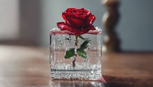 Uma única rosa vermelha com rosto kawaii colocada em um vaso de cristal com gotas de água.