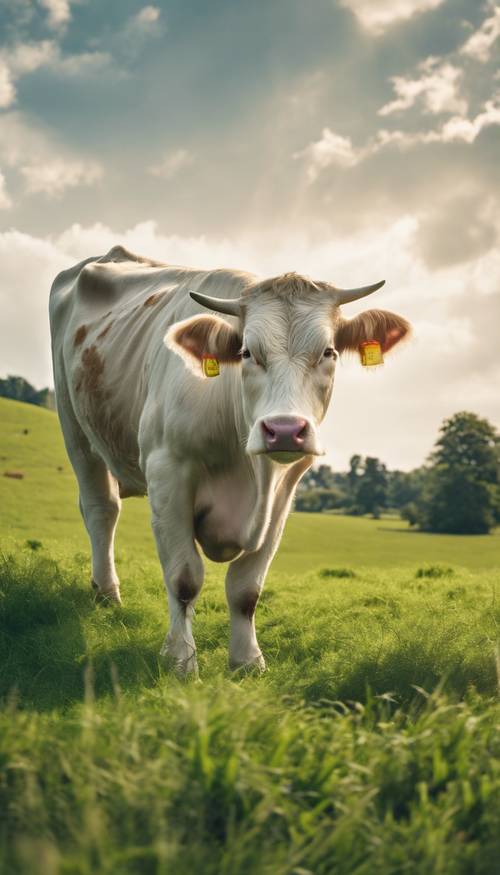 Una vaca blanca de raza rara que se alza orgullosa en un campo verde y exuberante, bañada por la suave luz del sol.