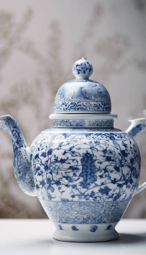 Um delicado bule de porcelana com refinados padrões orientais azuis e brancos, sobre um fundo branco.