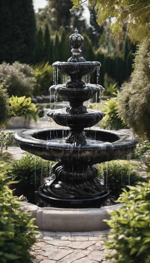 W spokojnym ogrodzie stała fontanna z czarnego marmuru ze srebrnymi akcentami.