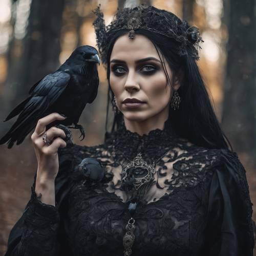 这是一幅细节丰富的肖像画，描绘的是一位哥特式女士和她的宠物黑乌鸦。