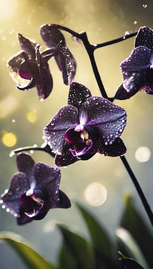 Sabah güneş ışığında parıldayan çiy damlalı siyah orkideler.