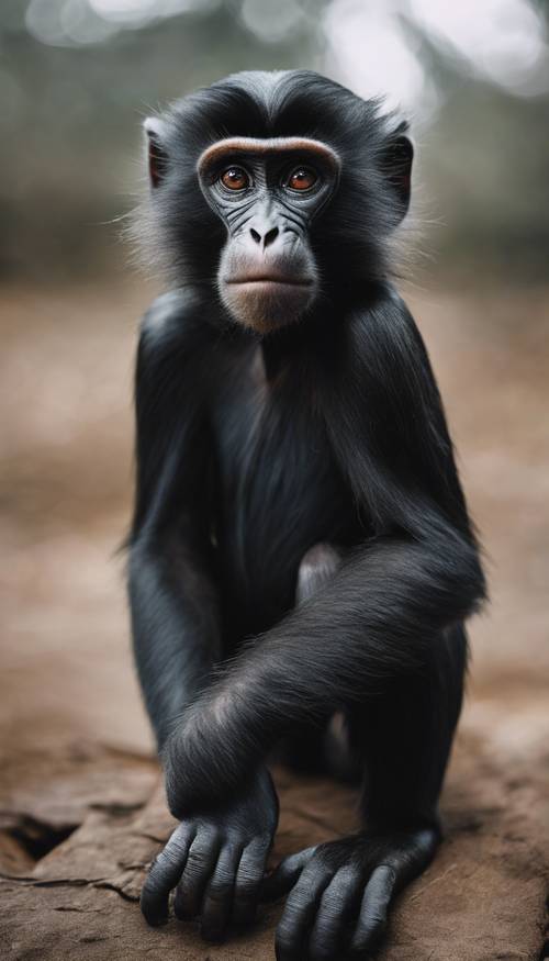 O retrato de um macaco preto olhando diretamente para a câmera com olhos inteligentes e conhecedores.